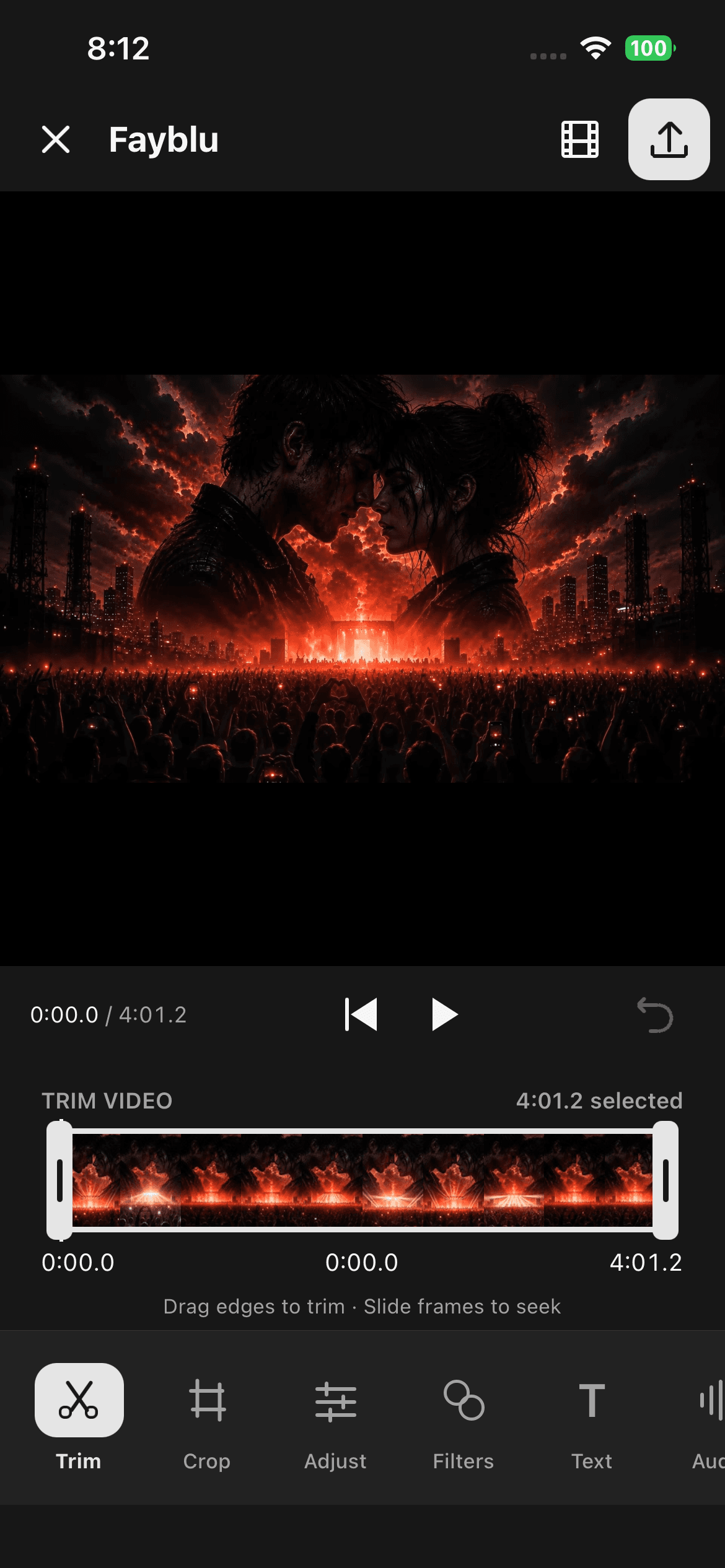 Fayblu editor: trim handles and a timeline of video frames